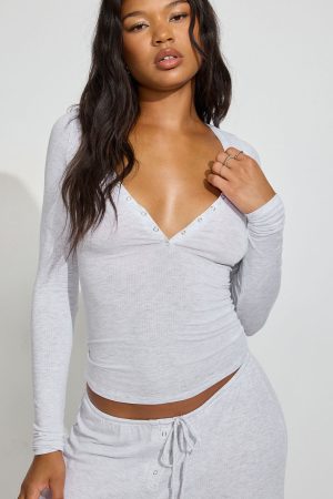 Sheer Ribbed Henley Long Sleeve Top