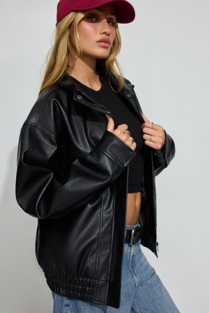 Oversized Faux Leather Stand Collar Bomber